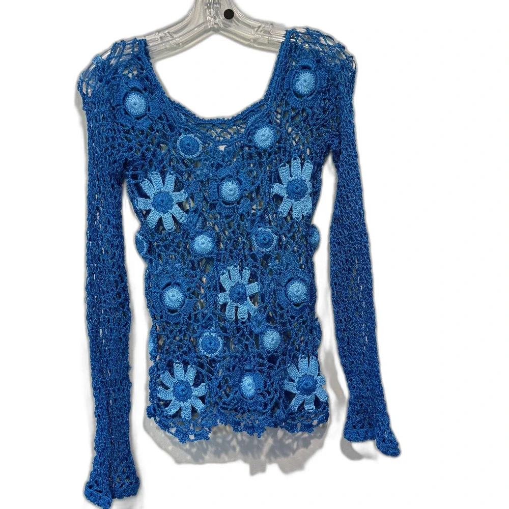 Hand Crocheted Top Floral Mesh Open Knit Long Sleeve Boho Blue Beach Women Small